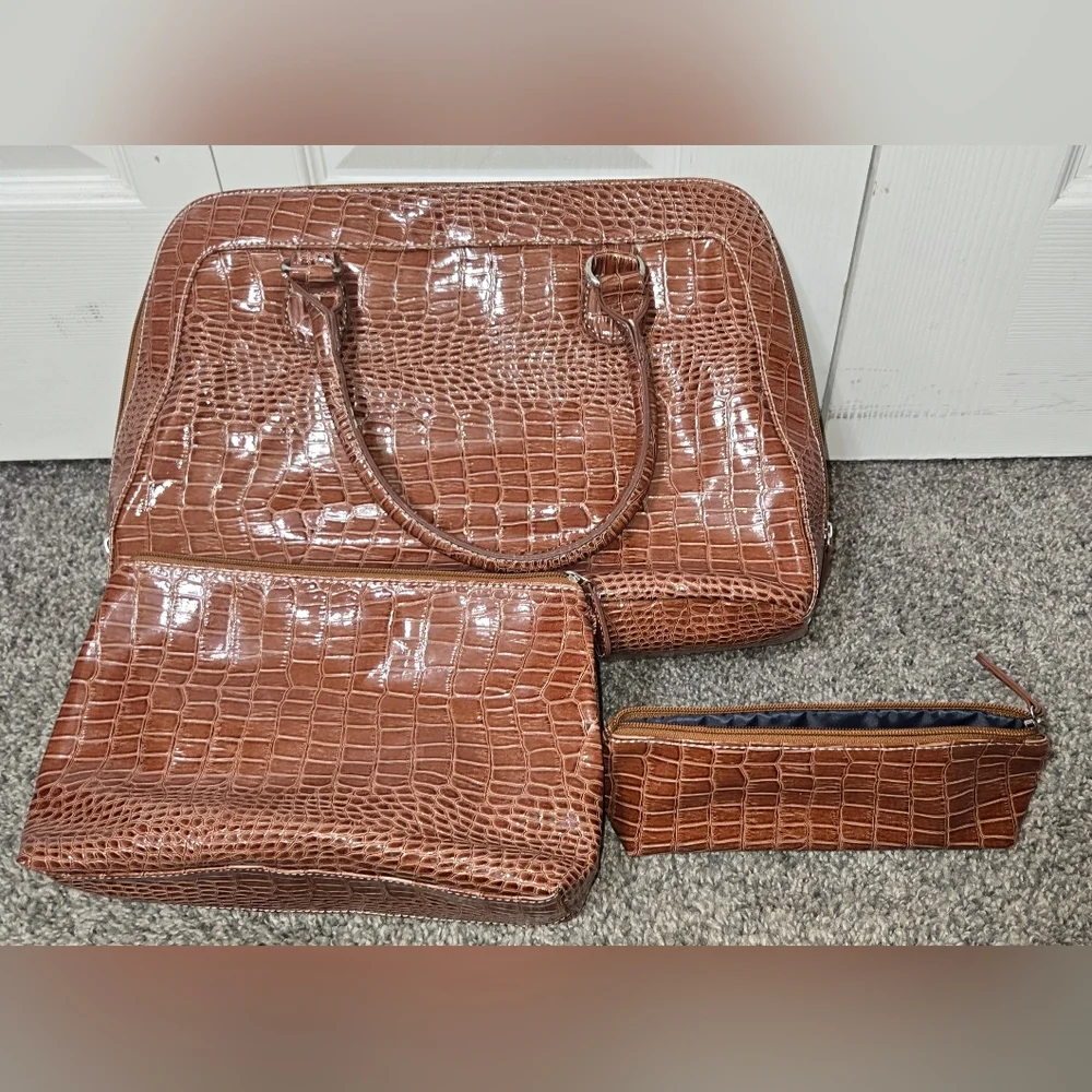 Brown Faux Crocodile 3 Piece Set, Purse/laptop Bag, Like New